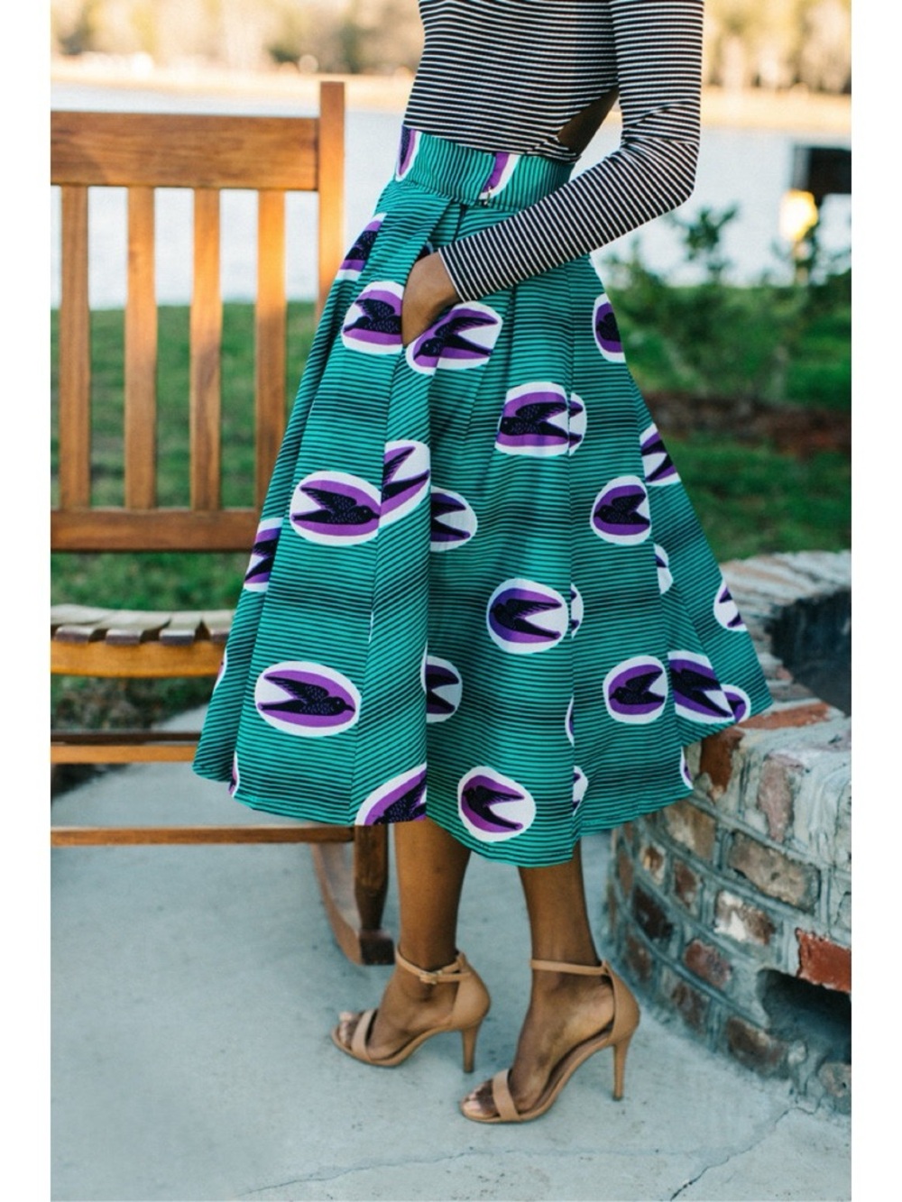 Francis + Benedict • pleated skirt African wax print cotton birds green purple